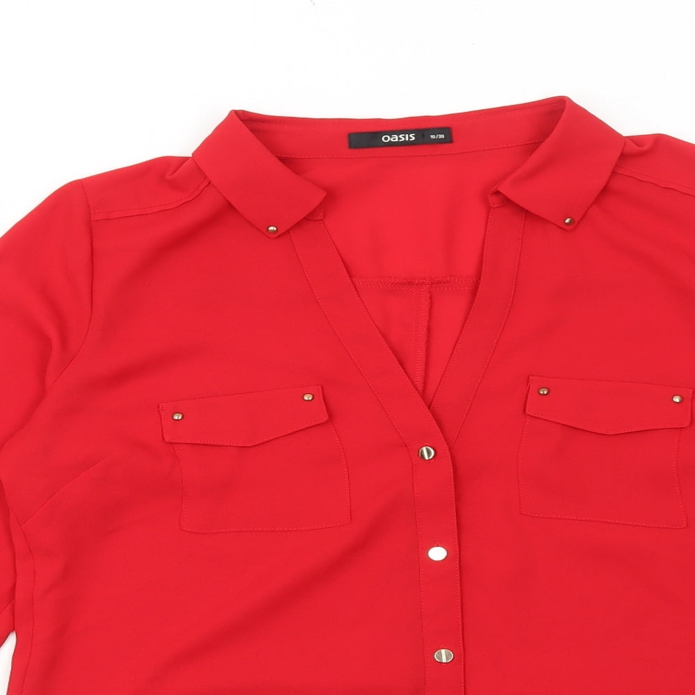Oasis Womens Red Polyester Basic Button-Up Size 10 Collared