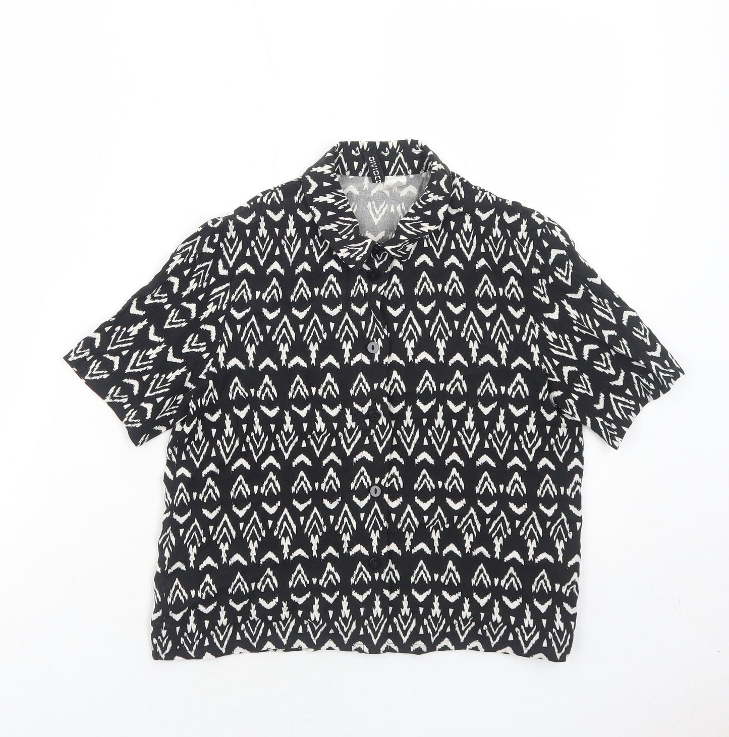 H&M Womens Black Geometric Viscose Basic Button-Up Size 6 Collared