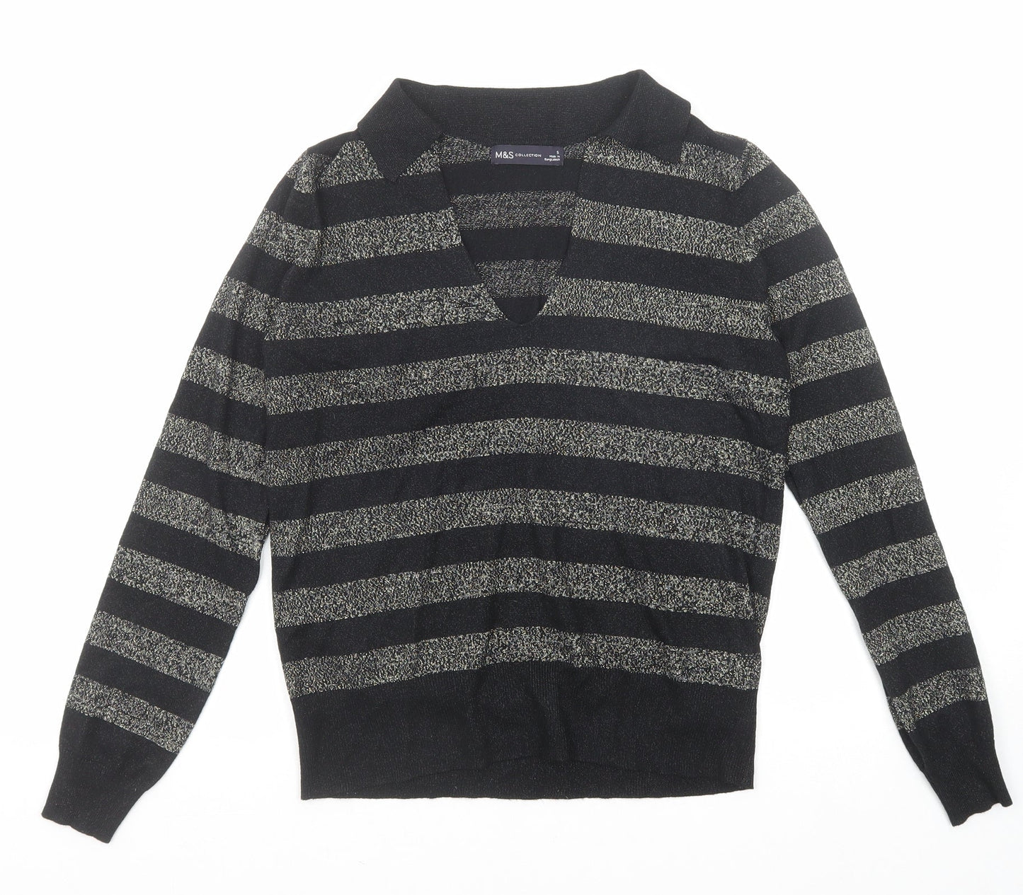 Marks and Spencer Womens Black Collared Striped Viscose Pullover Jumper Size S