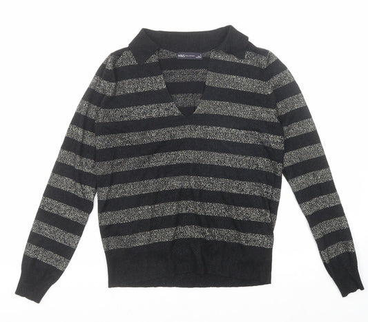 Marks and Spencer Womens Black Collared Striped Viscose Pullover Jumper Size S