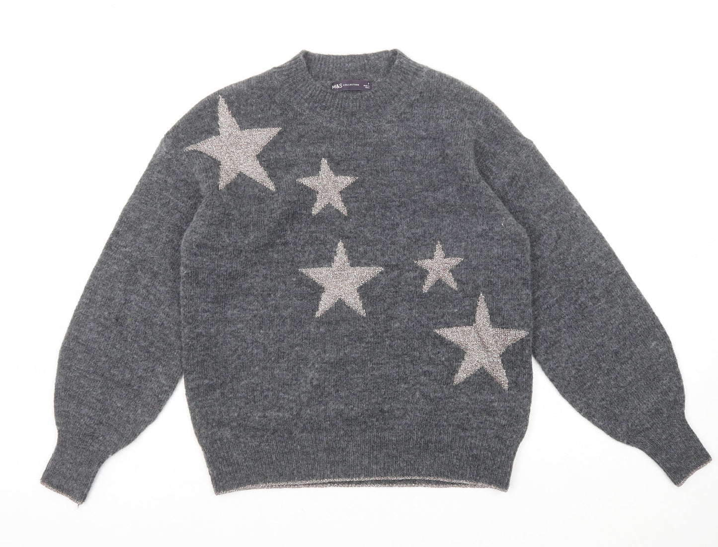 Marks and Spencer Womens Grey Round Neck Geometric Polyester Pullover Jumper Size S - Star Pattern