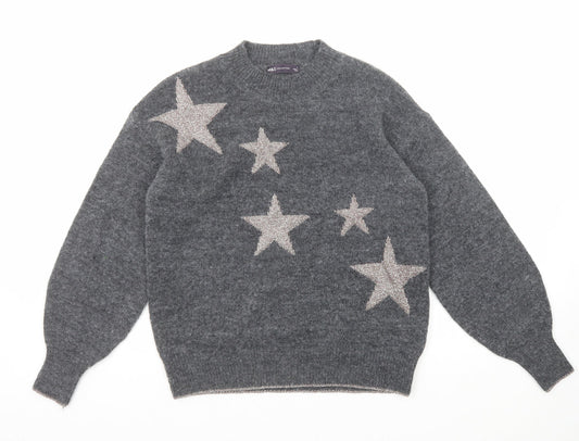 Marks and Spencer Womens Grey Round Neck Geometric Polyester Pullover Jumper Size S - Star Pattern