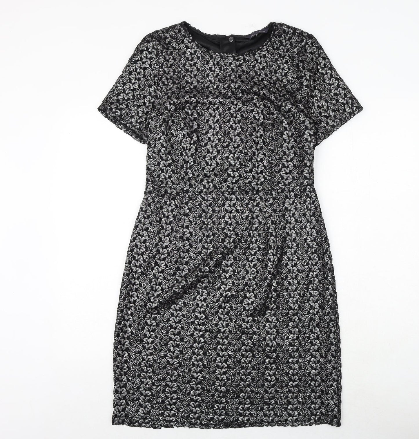 Marks and Spencer Womens Black Geometric Polyester A-Line Size 12 Round Neck Zip