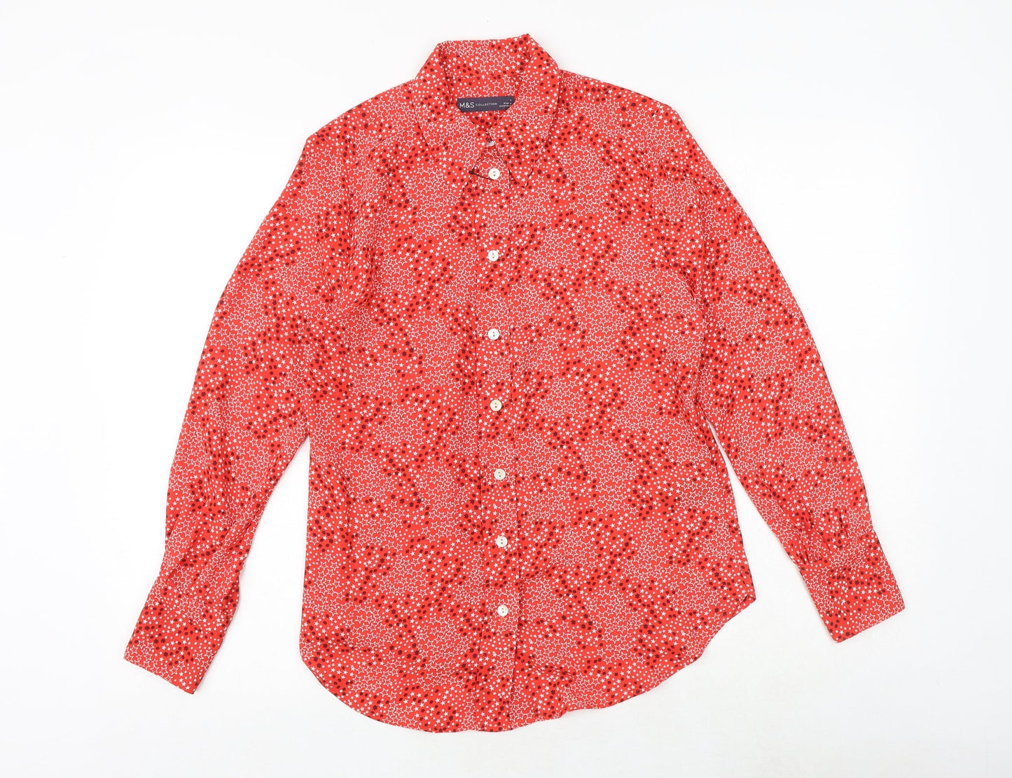 Marks and Spencer Womens Red Geometric Polyester Basic Button-Up Size 6 Collared