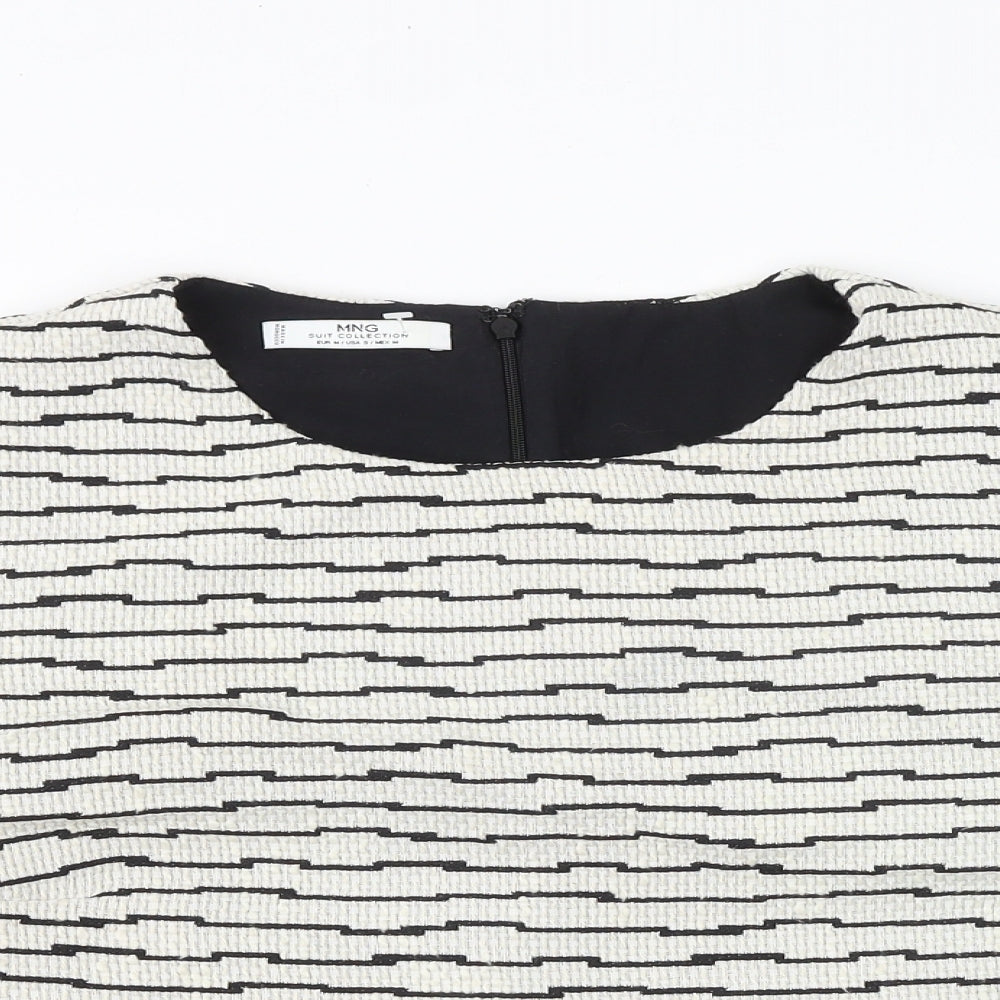 Mango Womens White Geometric Polyester Basic T-Shirt Size M Round Neck