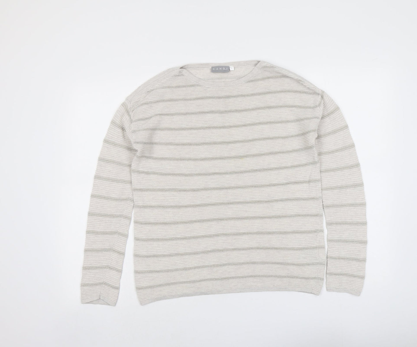 Canda Womens Beige Round Neck Striped Cotton Pullover Jumper Size S