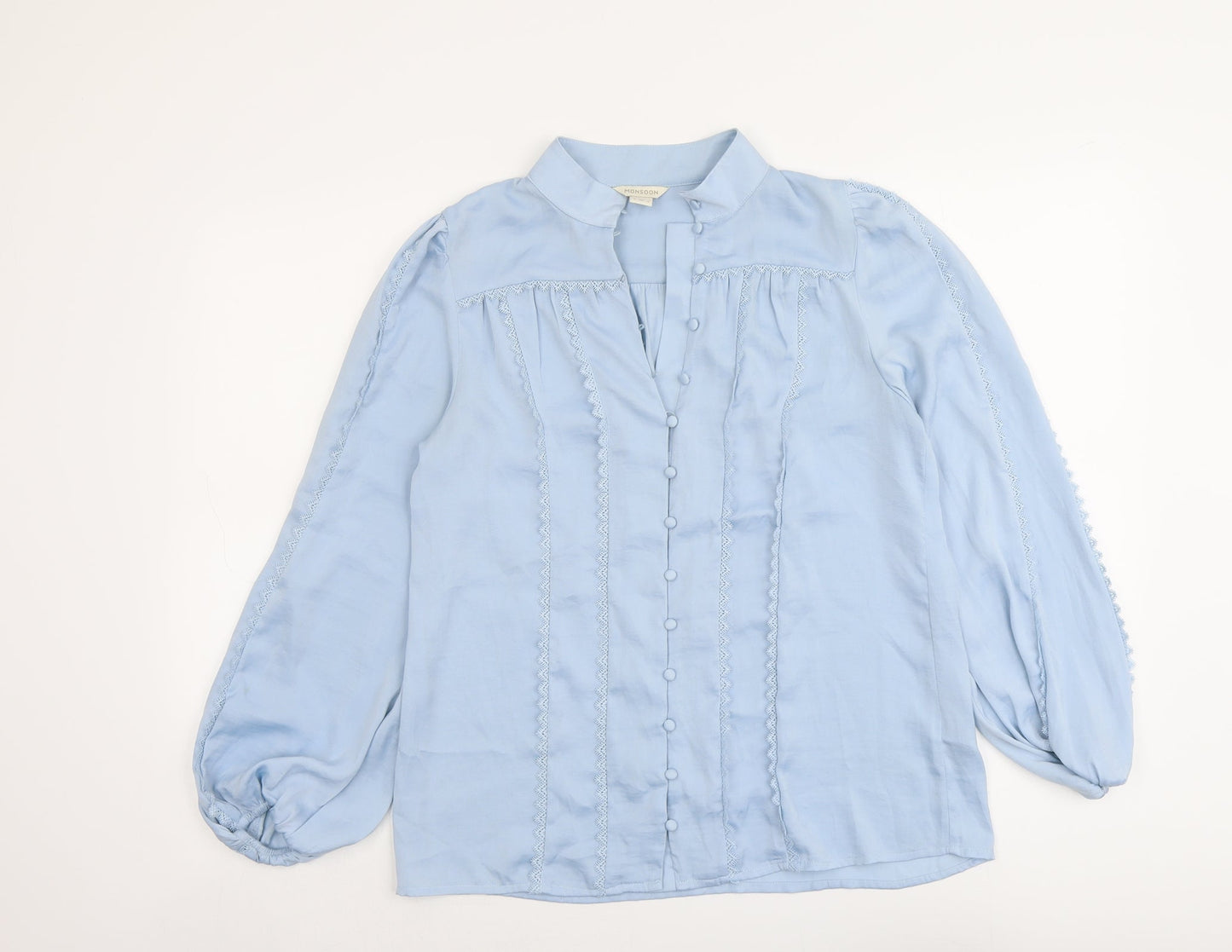 Monsoon Womens Blue Polyester Basic Button-Up Size 8 V-Neck - Lace Details