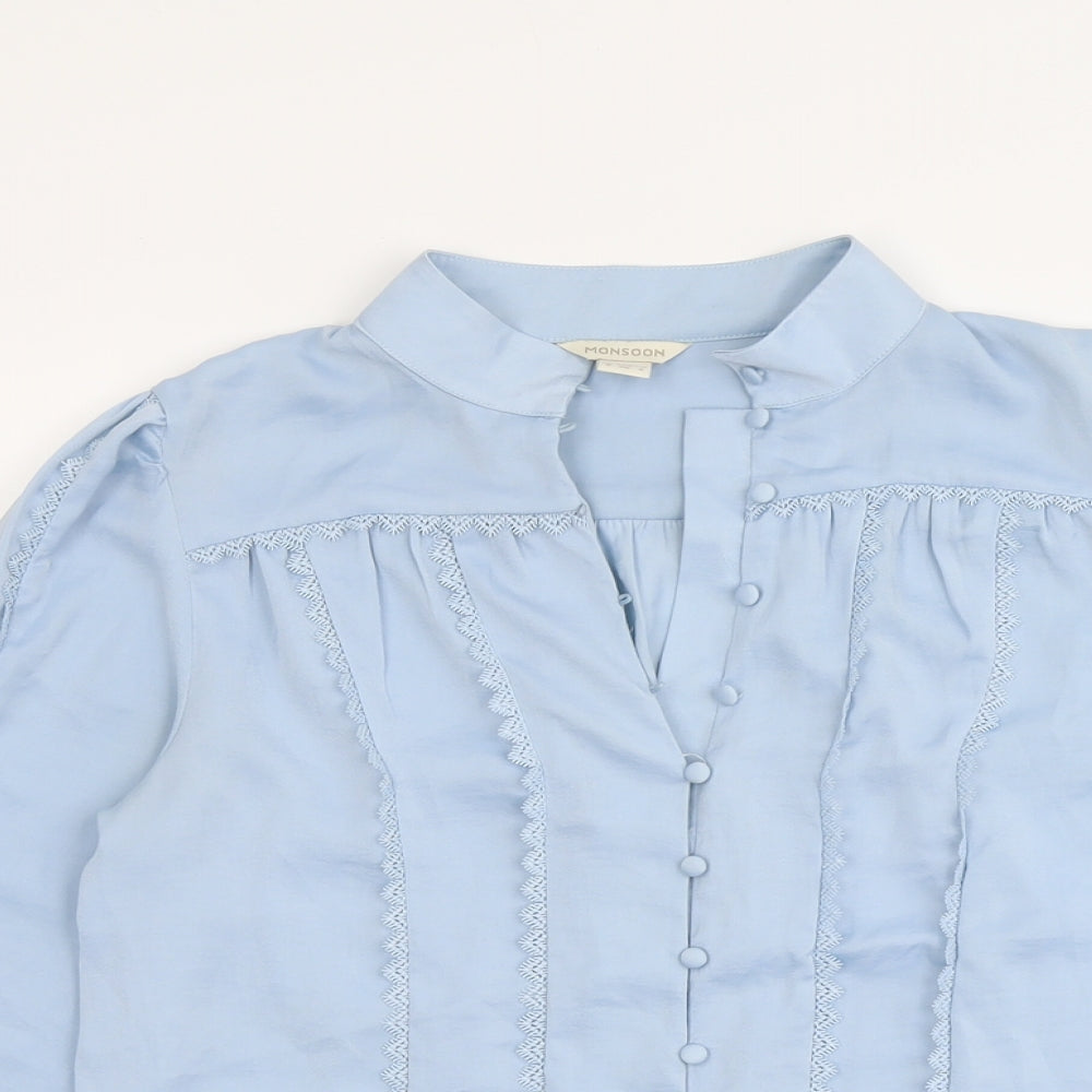 Monsoon Womens Blue Polyester Basic Button-Up Size 8 V-Neck - Lace Details