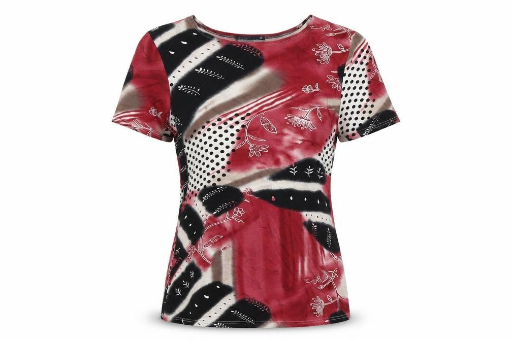 Saloos Womens Red Geometric Viscose Basic T-Shirt Size 12 Round Neck