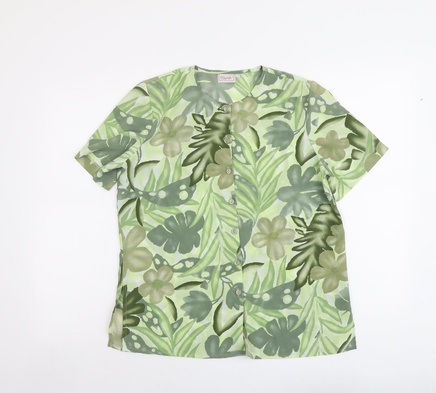 Citylife Womens Green Geometric Polyester Basic Button-Up Size 10 Round Neck - Leaf Print