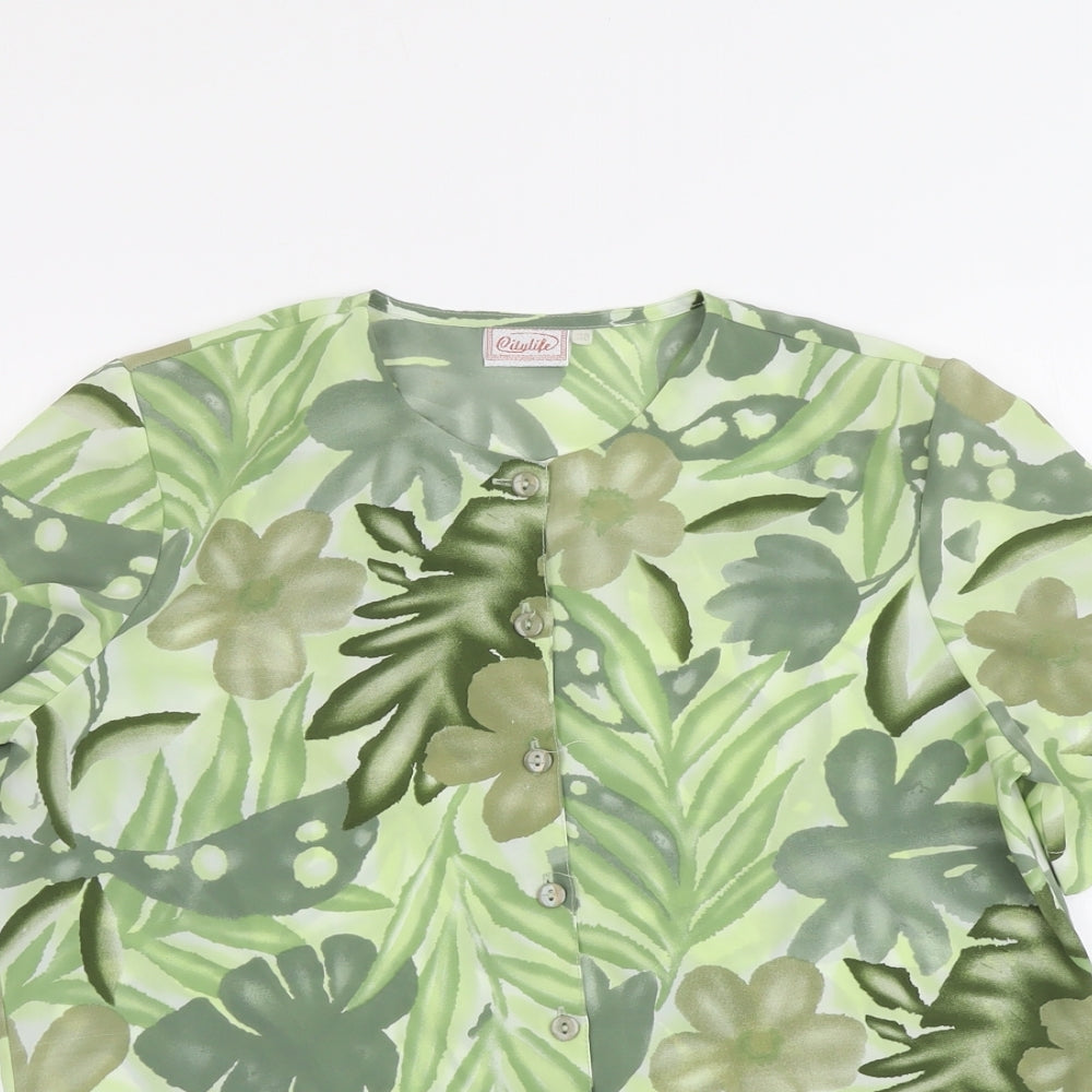 Citylife Womens Green Geometric Polyester Basic Button-Up Size 10 Round Neck - Leaf Print