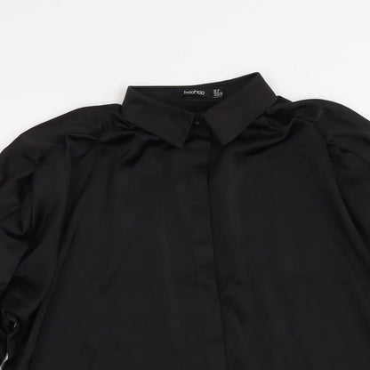 Boohoo Womens Black Polyester Basic Button-Up Size 10 Collared