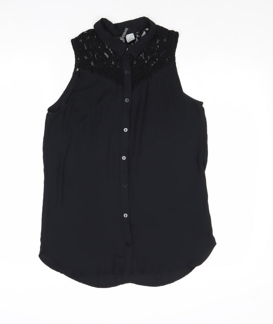 Divided by H&M Womens Black Polyester Basic Button-Up Size 10 Collared - Lace Detail