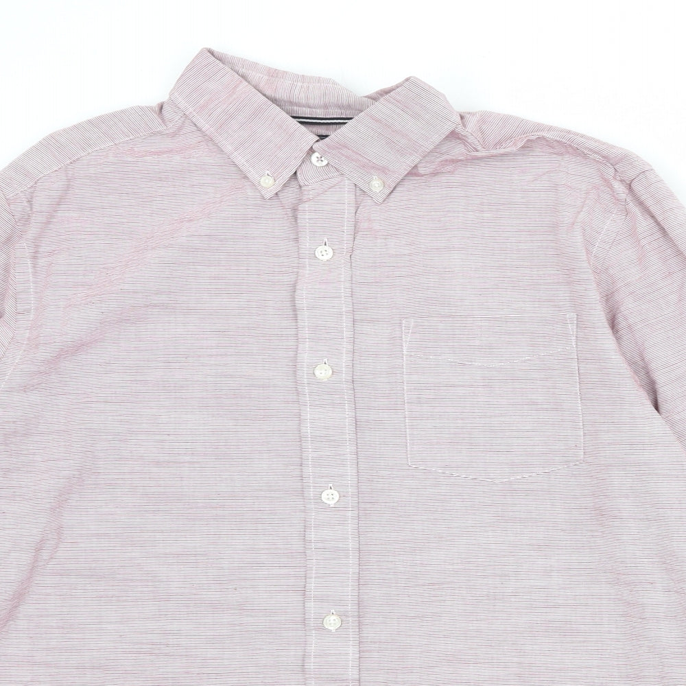 Maine Mens Pink Striped Cotton Button-Up Size L Collared Button