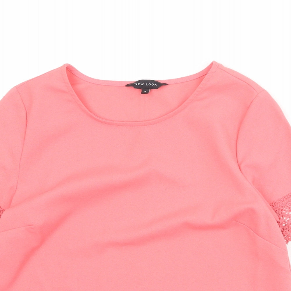 New Look Womens Pink Polyester Basic T-Shirt Size 6 Round Neck