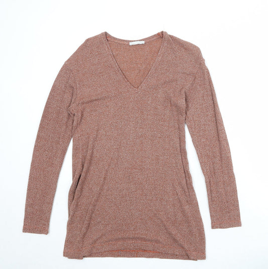 Zara Womens Orange V-Neck Acrylic Pullover Jumper Size S