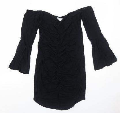 Additional front view of ASOS women’s black viscose a-line, size UK 12, off the shoulder pullover