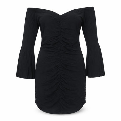 Front view of ASOS women’s black viscose a-line, size UK 12, off the shoulder pullover