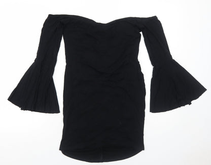 Back view of ASOS women’s black viscose a-line, size UK 12, off the shoulder pullover