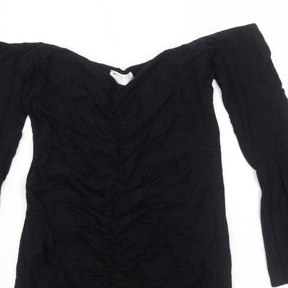 Close-up detail of ASOS women’s black viscose a-line, size UK 12, off the shoulder pullover