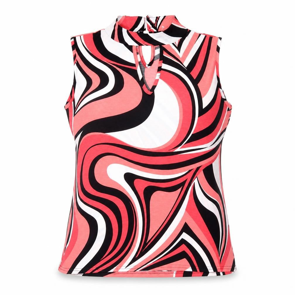 MARBLE Womens Red Geometric Polyester Basic Tank Size 4 Round Neck