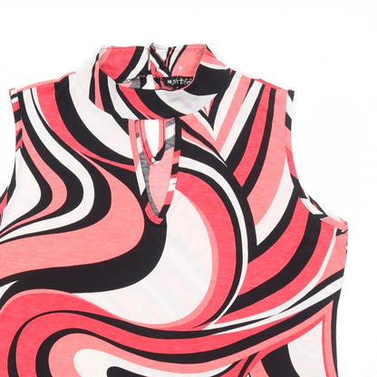 MARBLE Womens Red Geometric Polyester Basic Tank Size 4 Round Neck