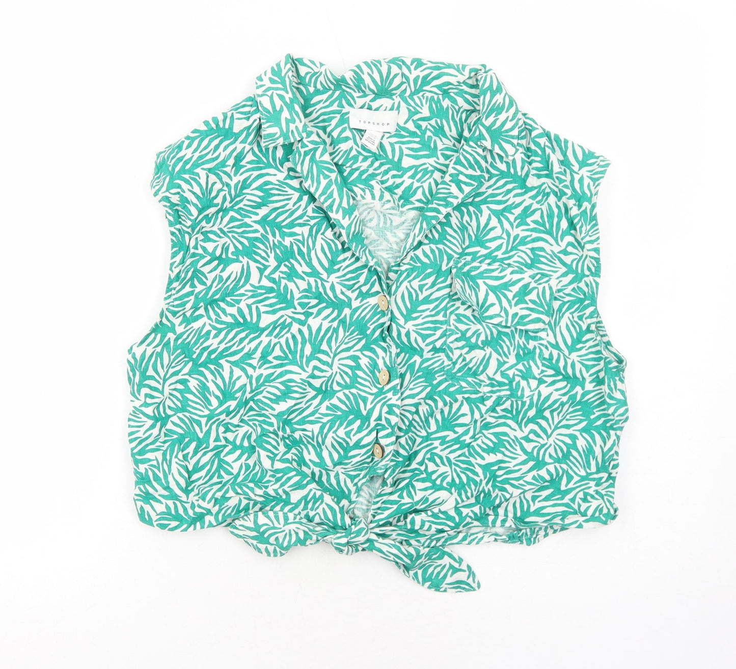 Topshop Womens Green Geometric Linen Cropped Button-Up Size 16 Collared - Knot Front