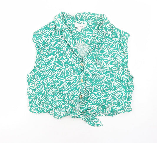 Topshop Womens Green Geometric Linen Cropped Button-Up Size 16 Collared - Knot Front