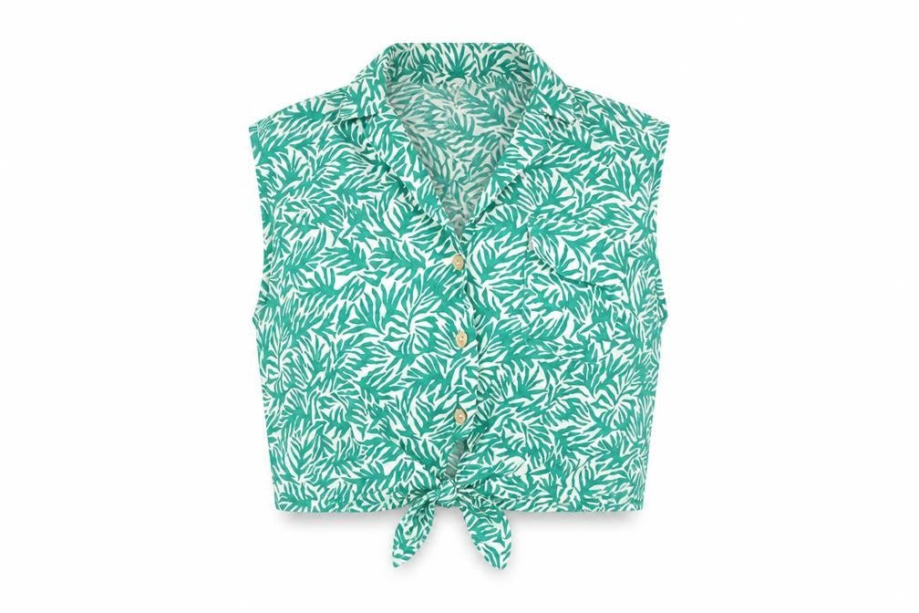 Topshop Womens Green Geometric Linen Cropped Button-Up Size 16 Collared - Knot Front