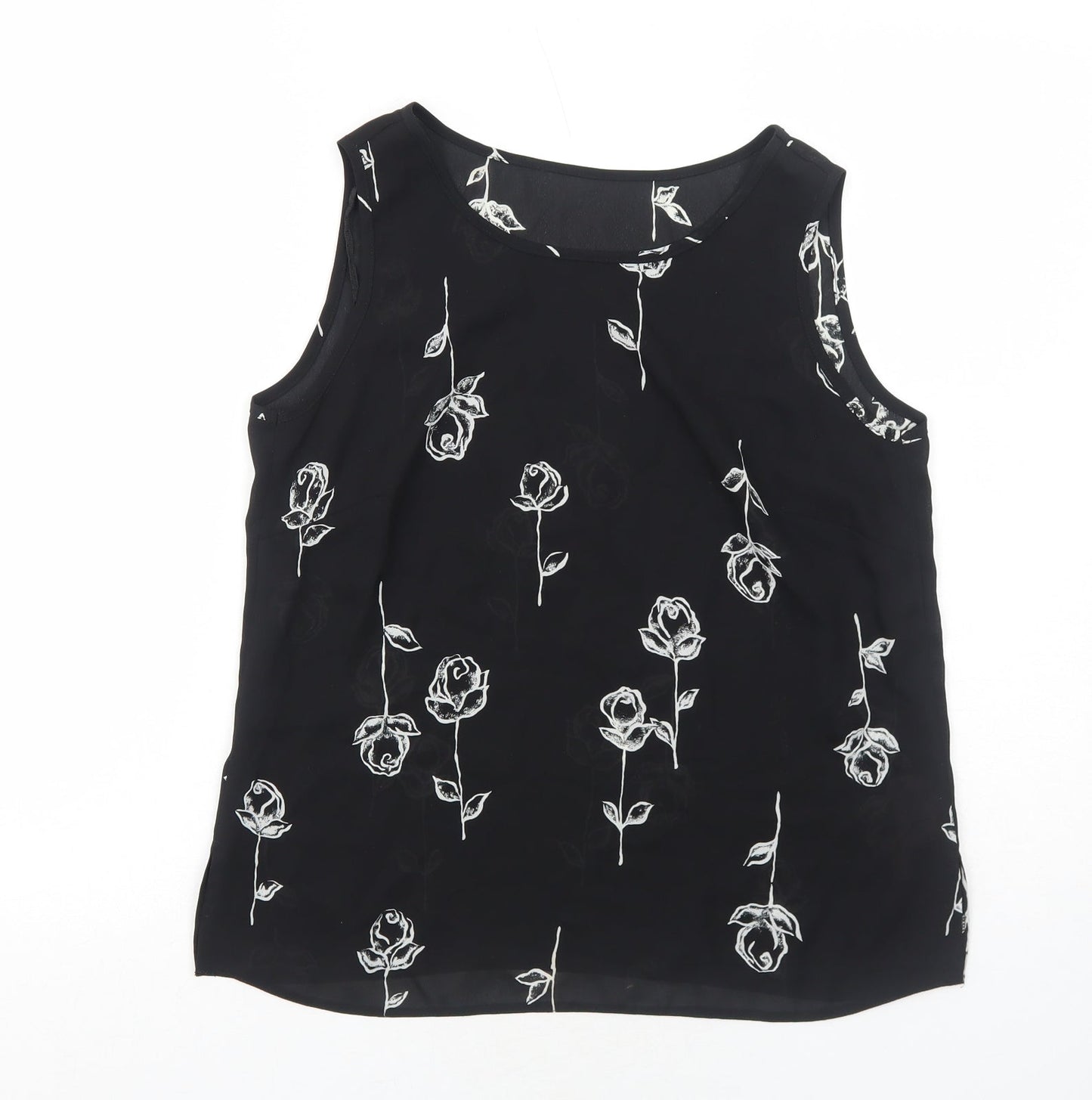 C&A Womens Black Floral Polyester Basic Tank Size 12 Round Neck