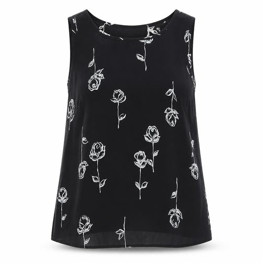 C&A Womens Black Floral Polyester Basic Tank Size 12 Round Neck