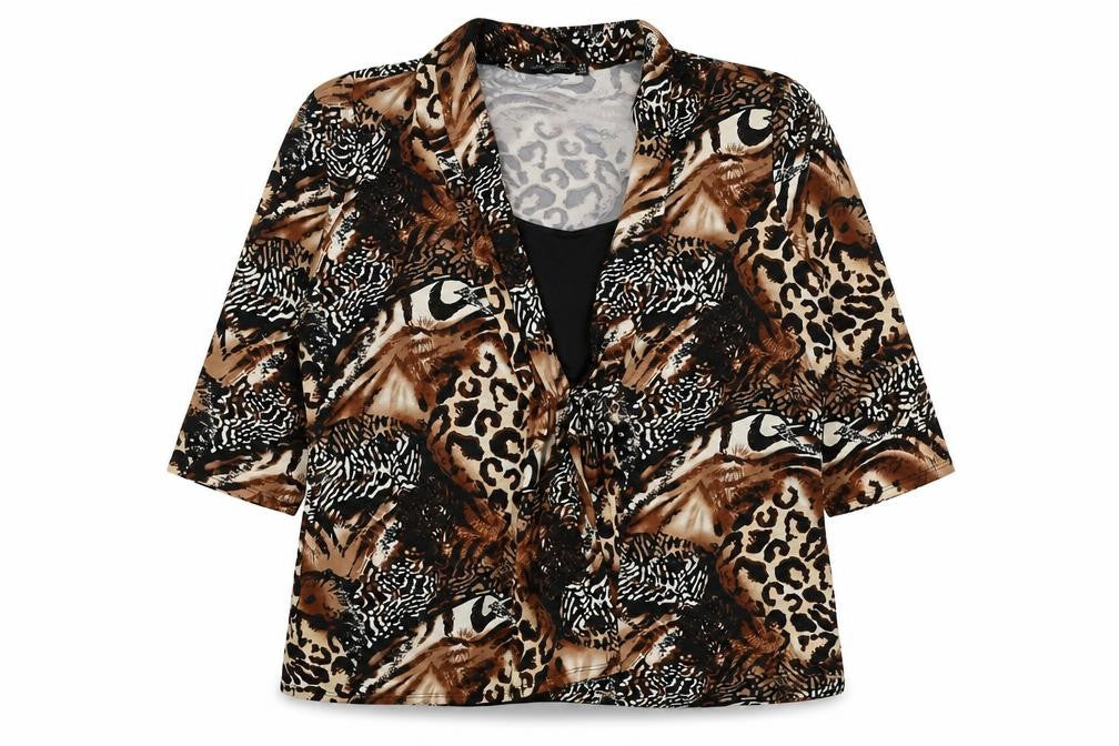 Notations Womens Brown Animal Print Polyester Basic Blouse Size 2XL V-Neck - Leopard Pattern