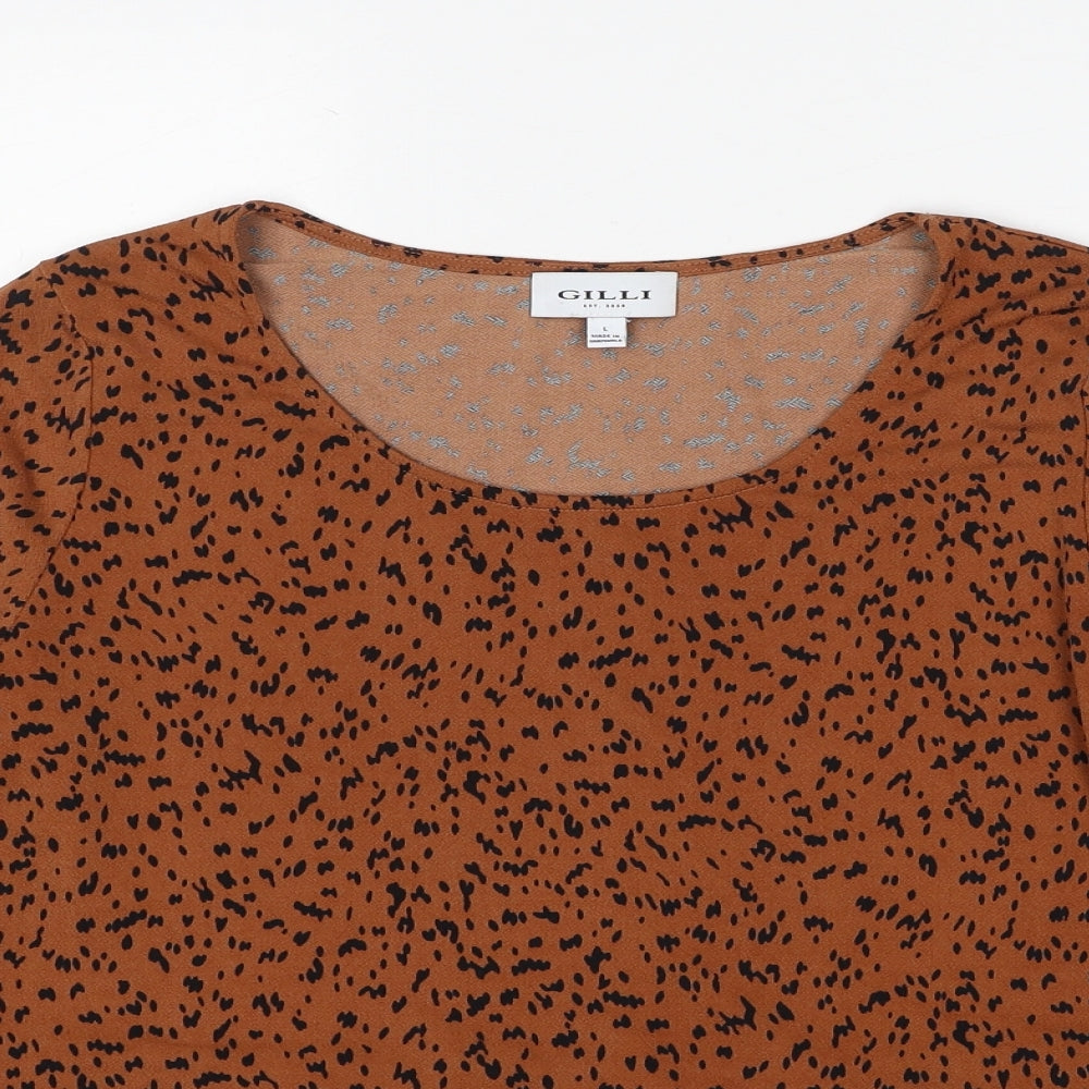 Gilli Womens Brown Geometric Polyester Basic Blouse Size L Round Neck