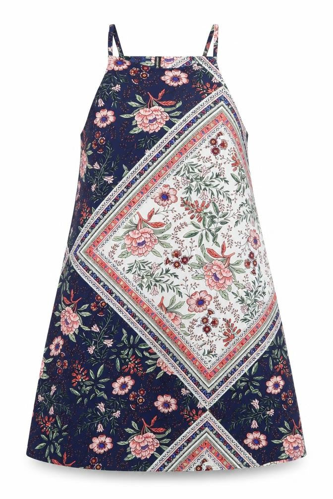 Stradivarius Womens Blue Floral Polyester Tank Dress Size S Round Neck Pullover