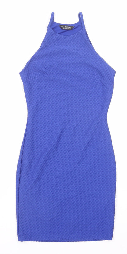 Additional front view of Miss Selfridge women’s blue geometric polyester bodycon, size UK 4, round neck pullover