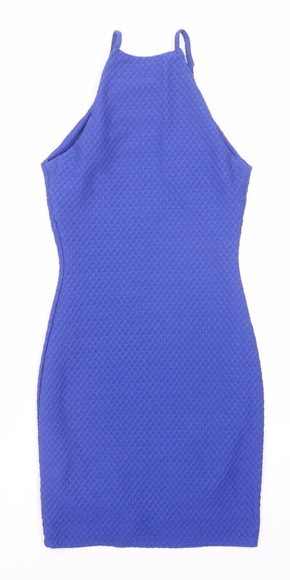 Back view of Miss Selfridge women’s blue geometric polyester bodycon, size UK 4, round neck pullover