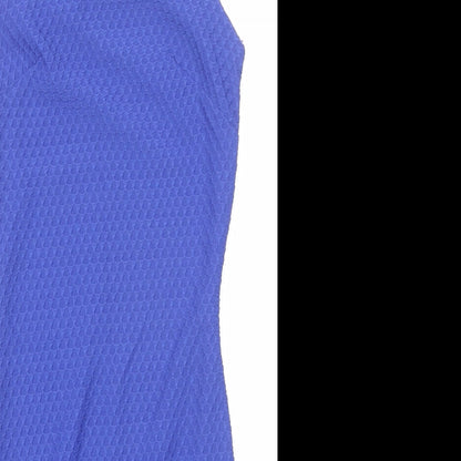 Close-up detail of Miss Selfridge women’s blue geometric polyester bodycon, size UK 4, round neck pullover