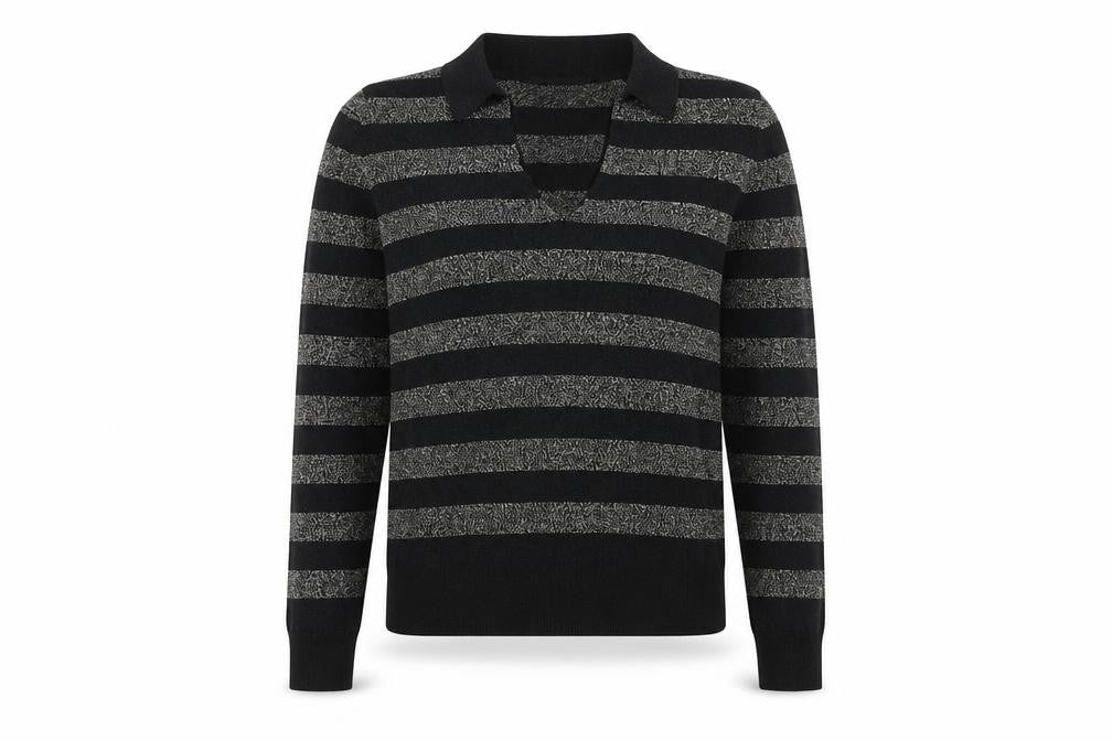 Marks & Spencer Womens Black V-Neck Striped Viscose Pullover Jumper Size M