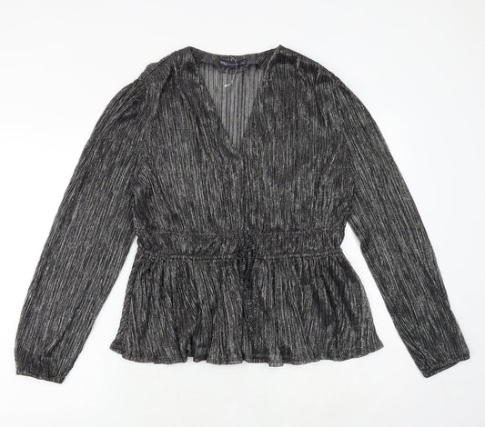 Marks and Spencer Womens Silver Polyester Basic Blouse Size 12 V-Neck