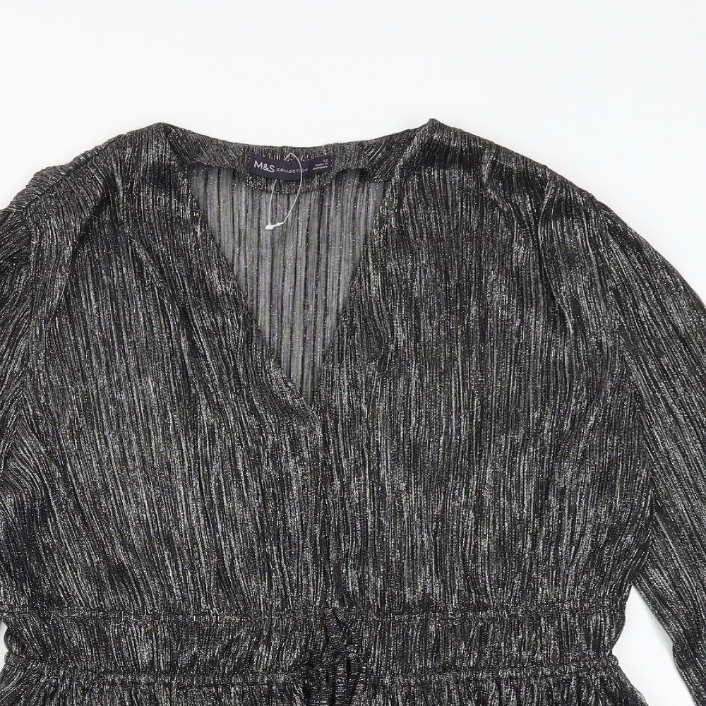 Marks and Spencer Womens Silver Polyester Basic Blouse Size 12 V-Neck