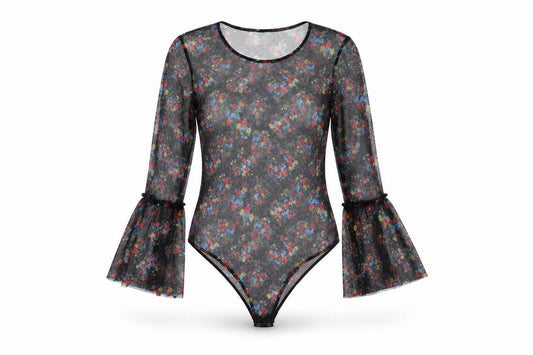 QED London Womens Black Floral Polyester Bodysuit One-Piece Size M Snap - Sheer
