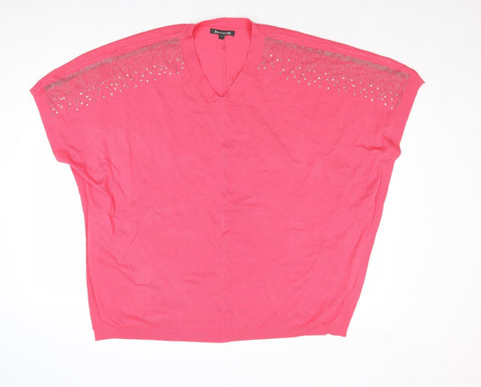 Bonmarché Womens Pink V-Neck Viscose Pullover Jumper Size S