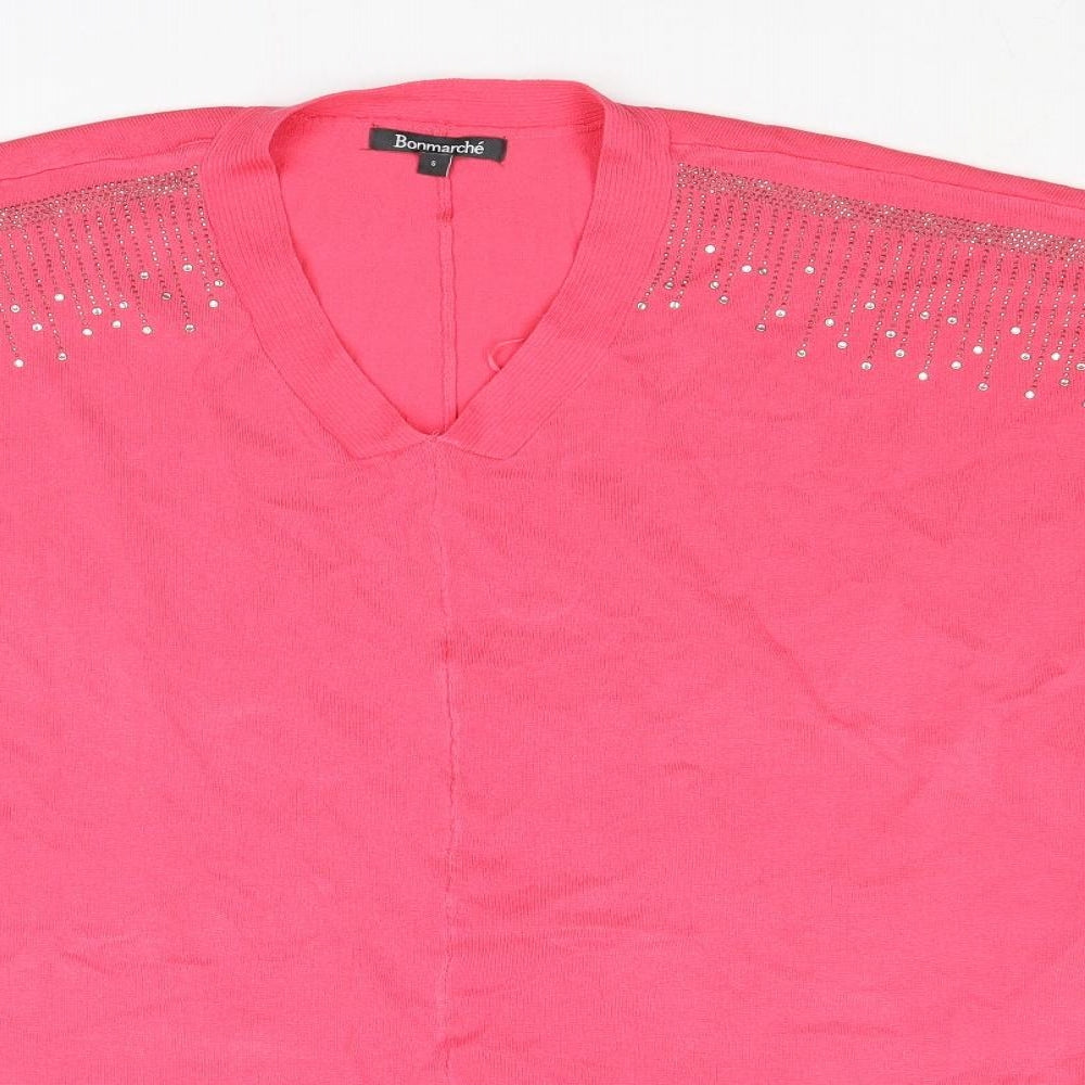 Bonmarché Womens Pink V-Neck Viscose Pullover Jumper Size S