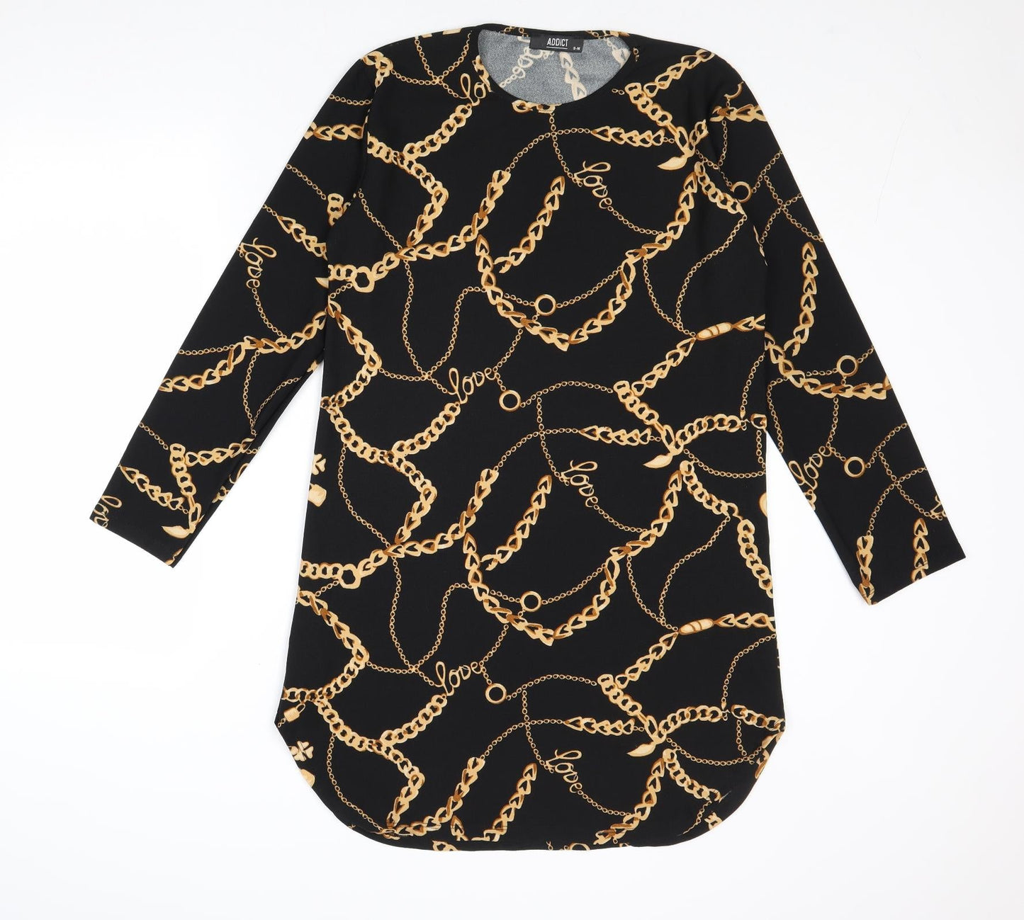 Addict Womens Black Geometric Polyester A-Line Size S Round Neck Pullover - Size S-M