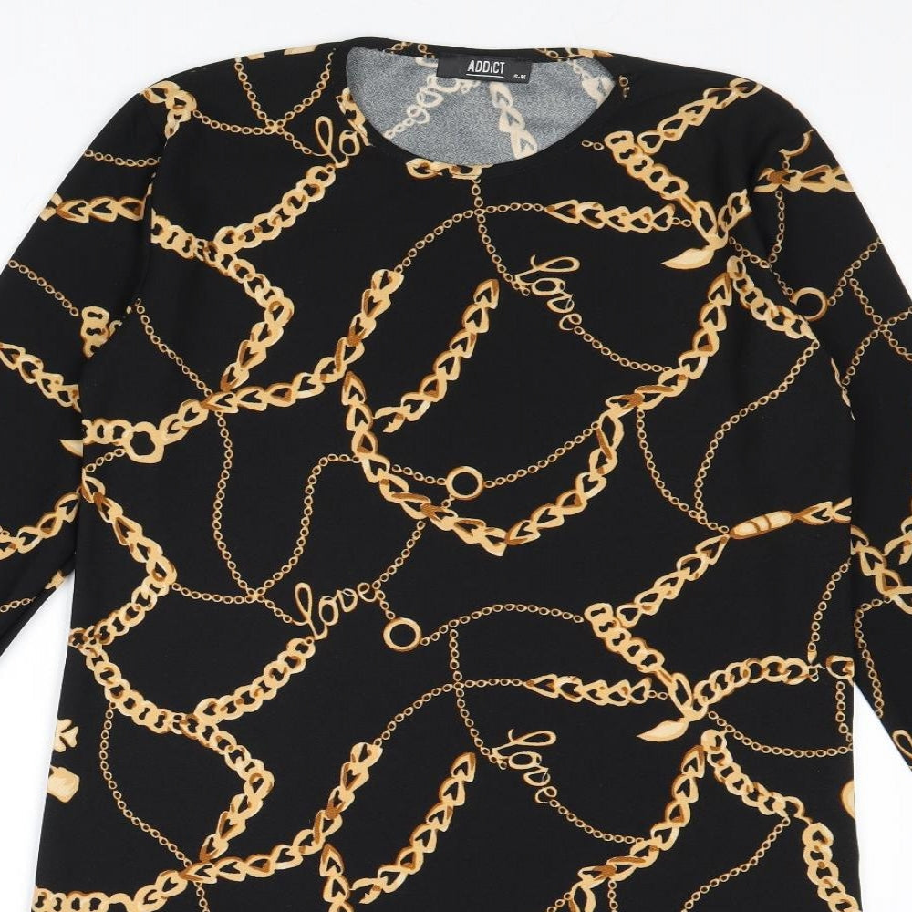 Addict Womens Black Geometric Polyester A-Line Size S Round Neck Pullover - Size S-M