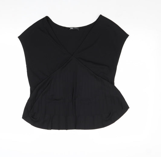 Zara Womens Black Polyester Basic Blouse Size L V-Neck