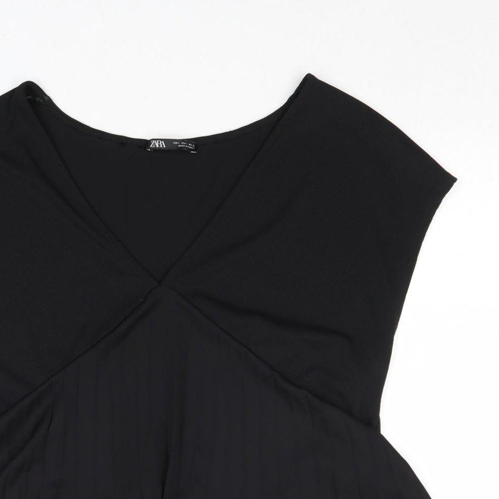 Zara Womens Black Polyester Basic Blouse Size L V-Neck
