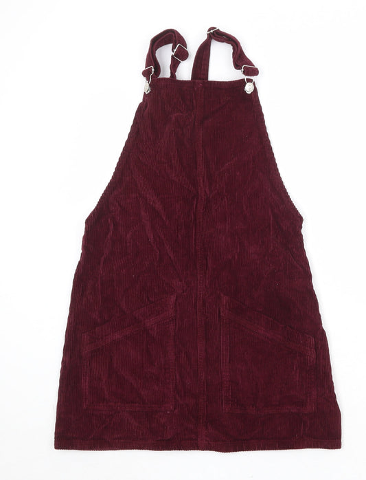Topshop Womens Red Cotton Pinafore/Dungaree Dress Size 6 Square Neck Buckle