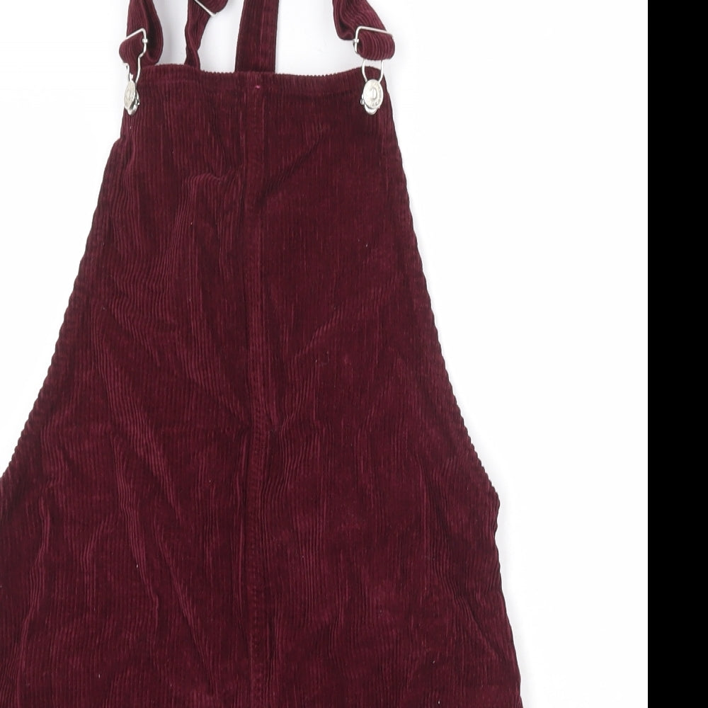 Topshop Womens Red Cotton Pinafore/Dungaree Dress Size 6 Square Neck Buckle
