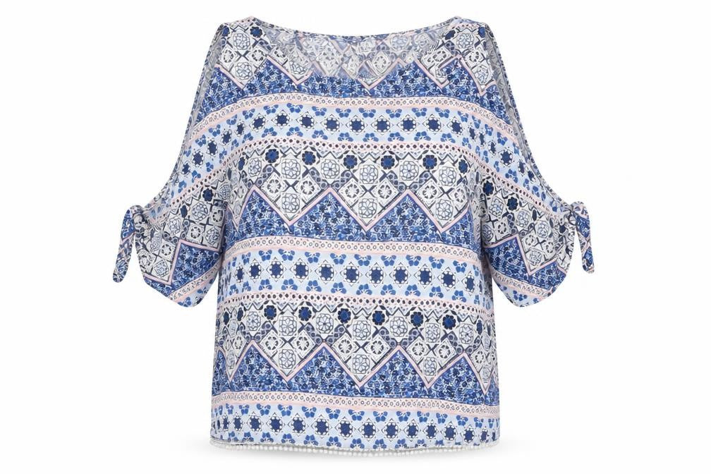 Divided by H&M Womens Blue Geometric Viscose Basic Blouse Size 10 Round Neck - Cold Shoulder